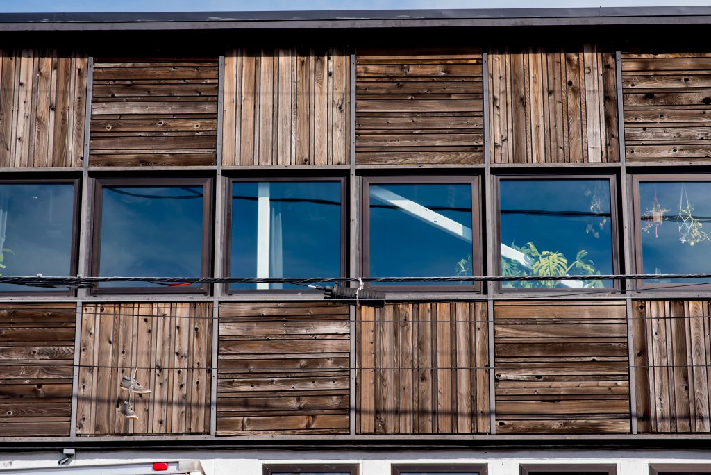 Wooden paneling on the front of the Union Pine building